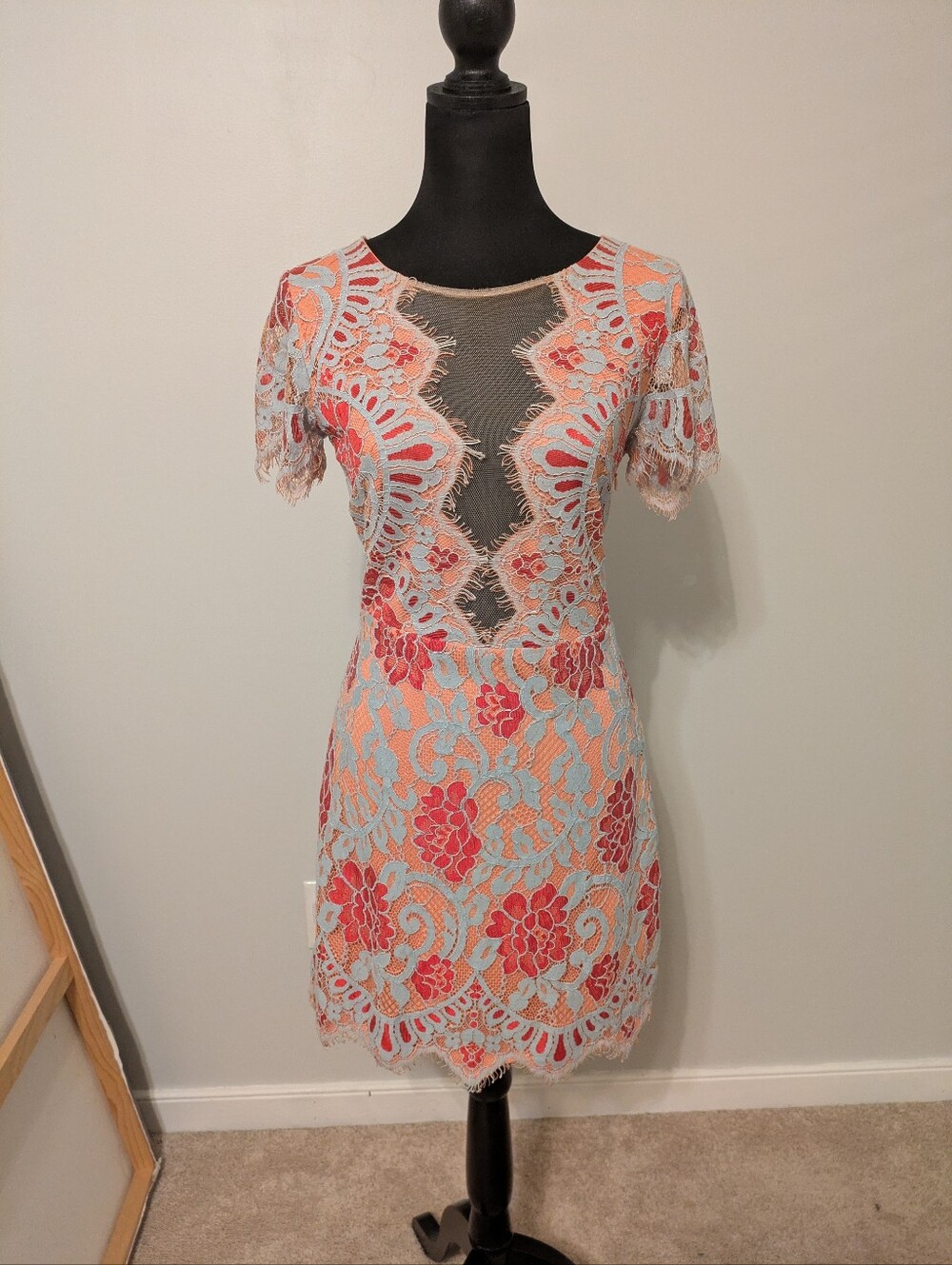 NWOT Storia Lace Peekaboo Mini Dress Size L Cap Sleeve Plunge Mesh Scalloped